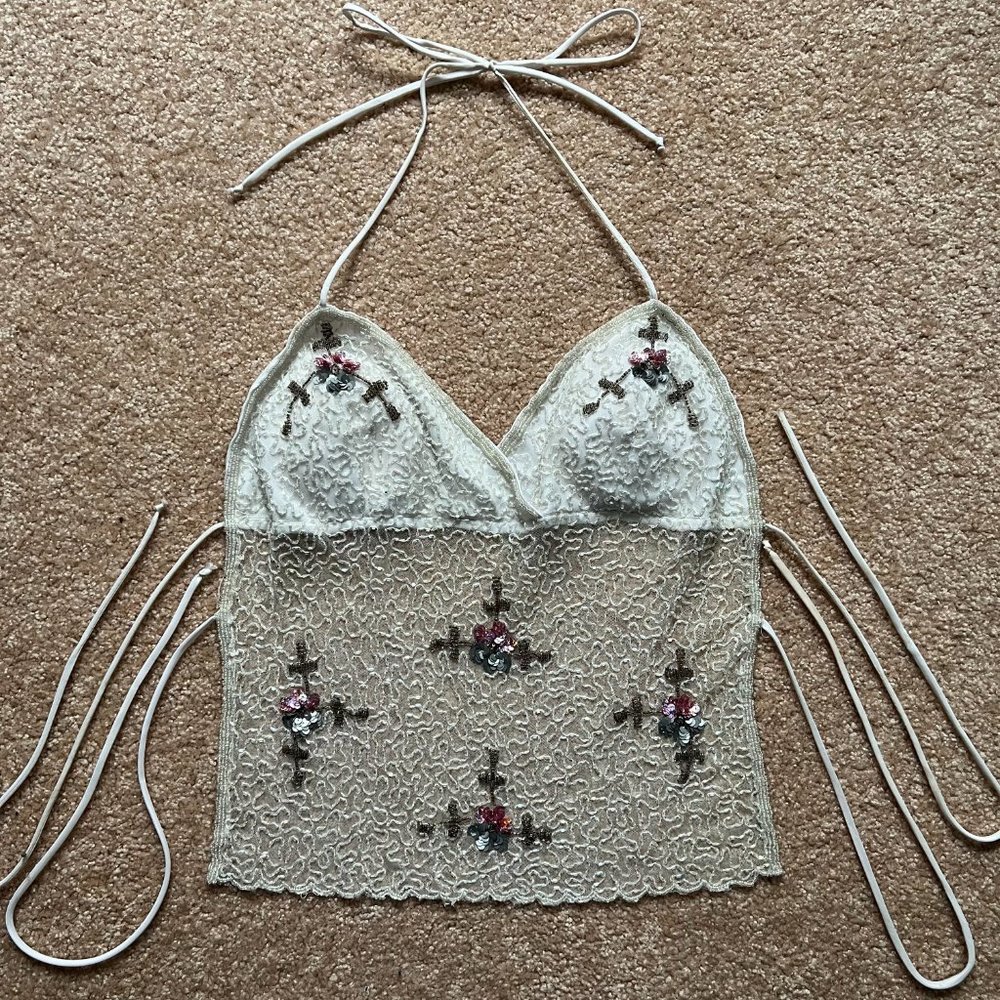 Vintage White Floral Beaded Halter Tie Open Back Top - Picture 5 of 9